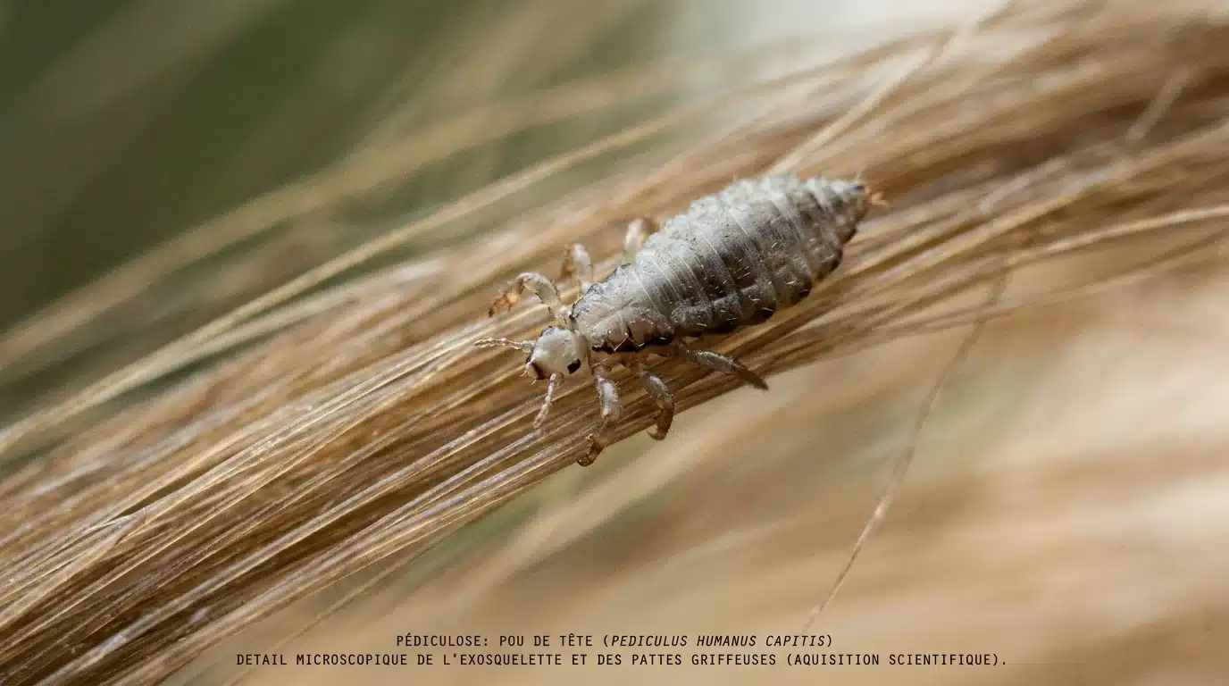 Gros plan macro d'un pou de tête accroché à une mèche de cheveux