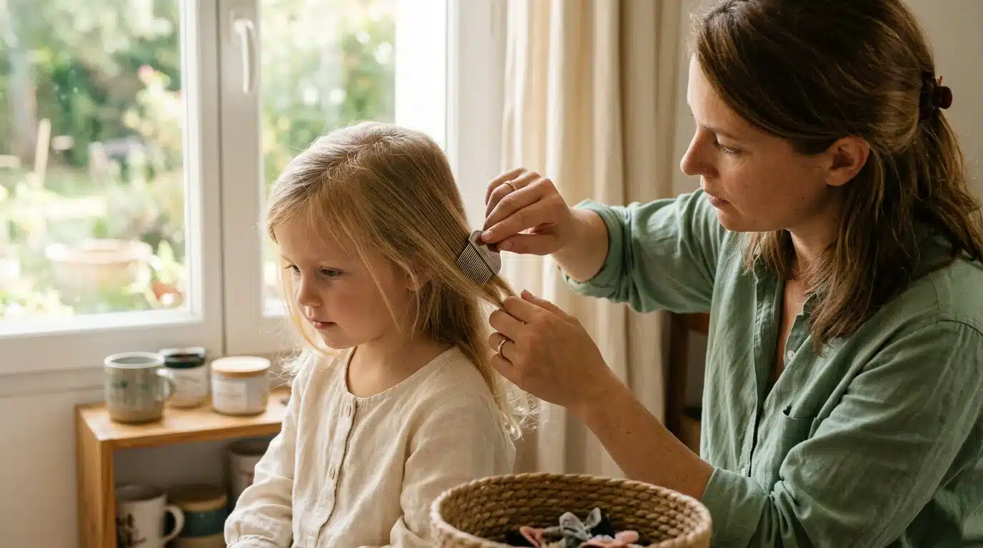 Une mère européenne peigne les cheveux de sa fille avec un peigne fin