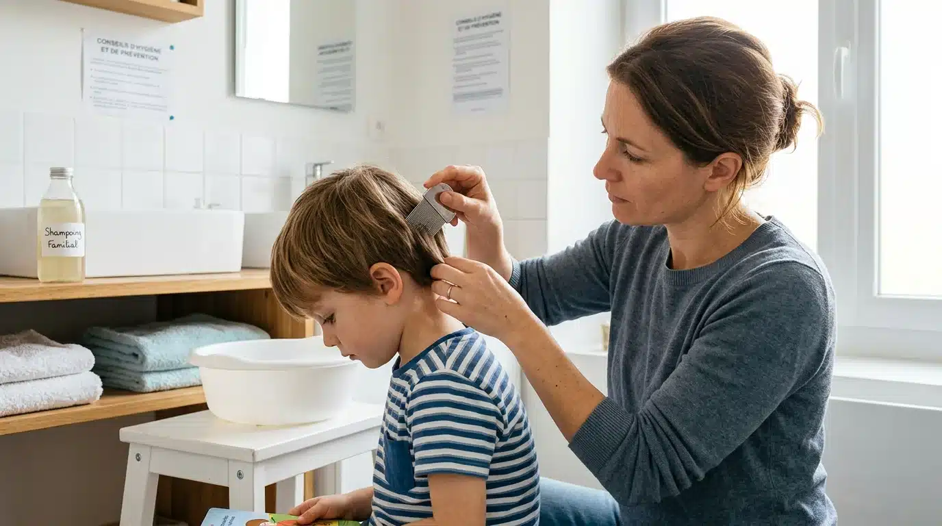 Un parent européen examine les cheveux de son enfant avec un peigne anti-poux