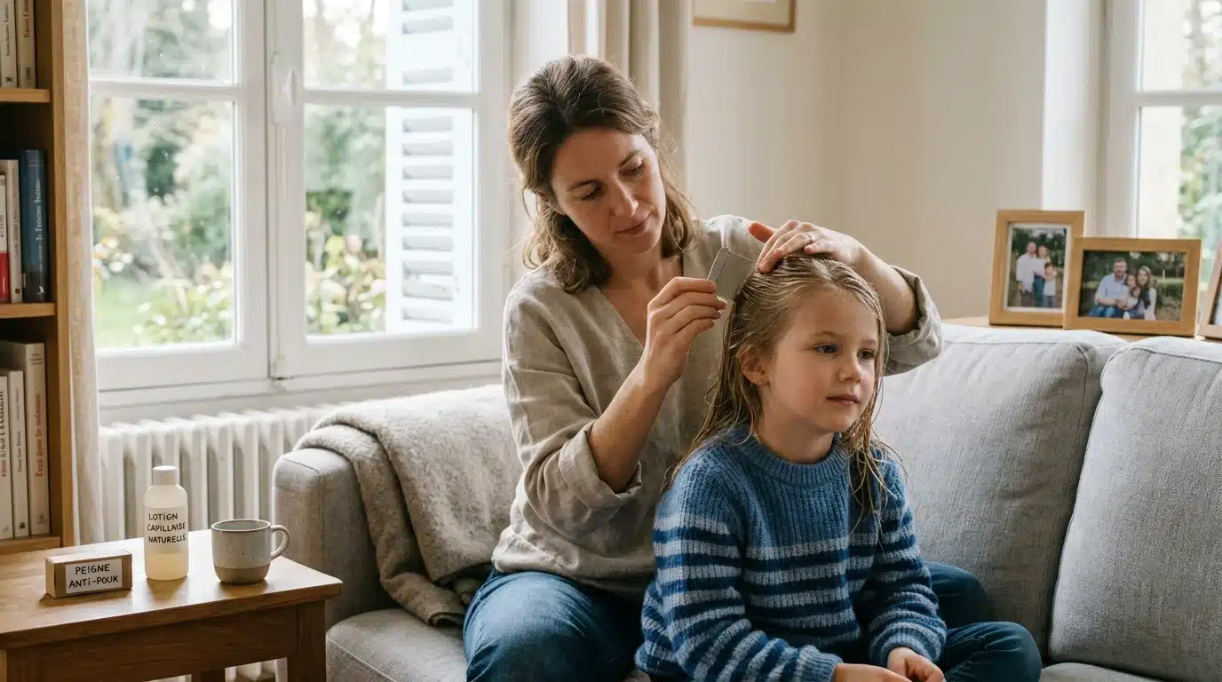 Une mère européenne peigne les cheveux de sa fille pour retirer les poux et les lentes