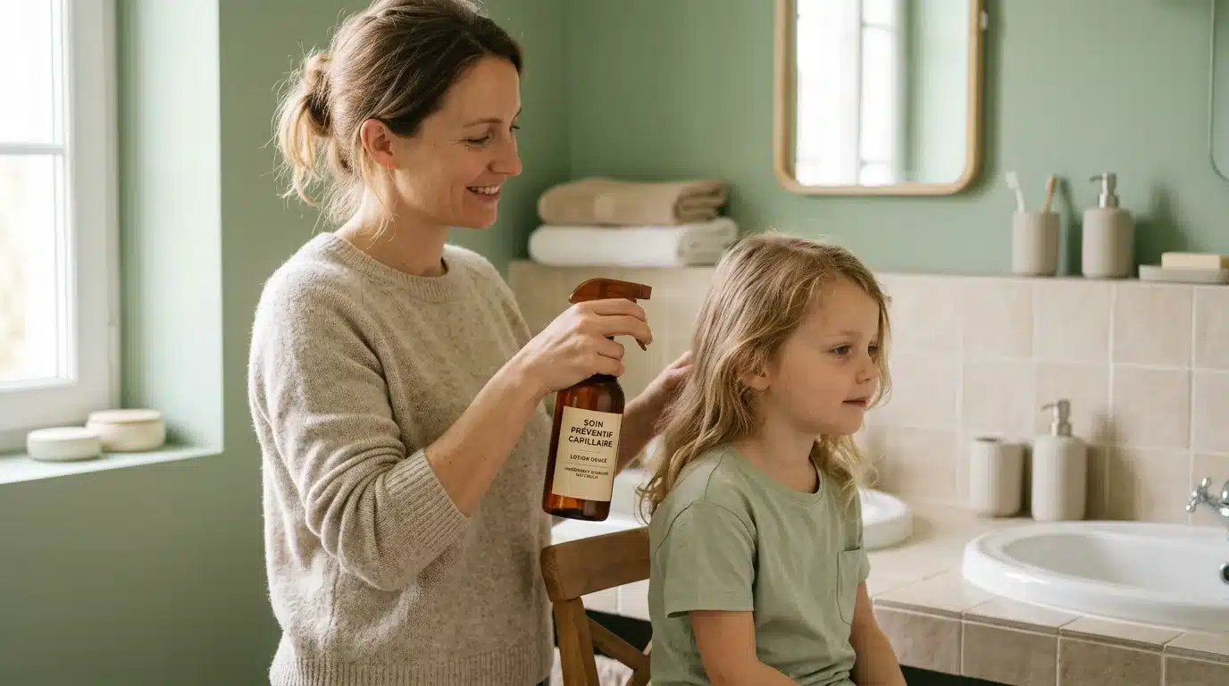Un parent applique un spray préventif contre les poux sur les cheveux d'un jeune enfant