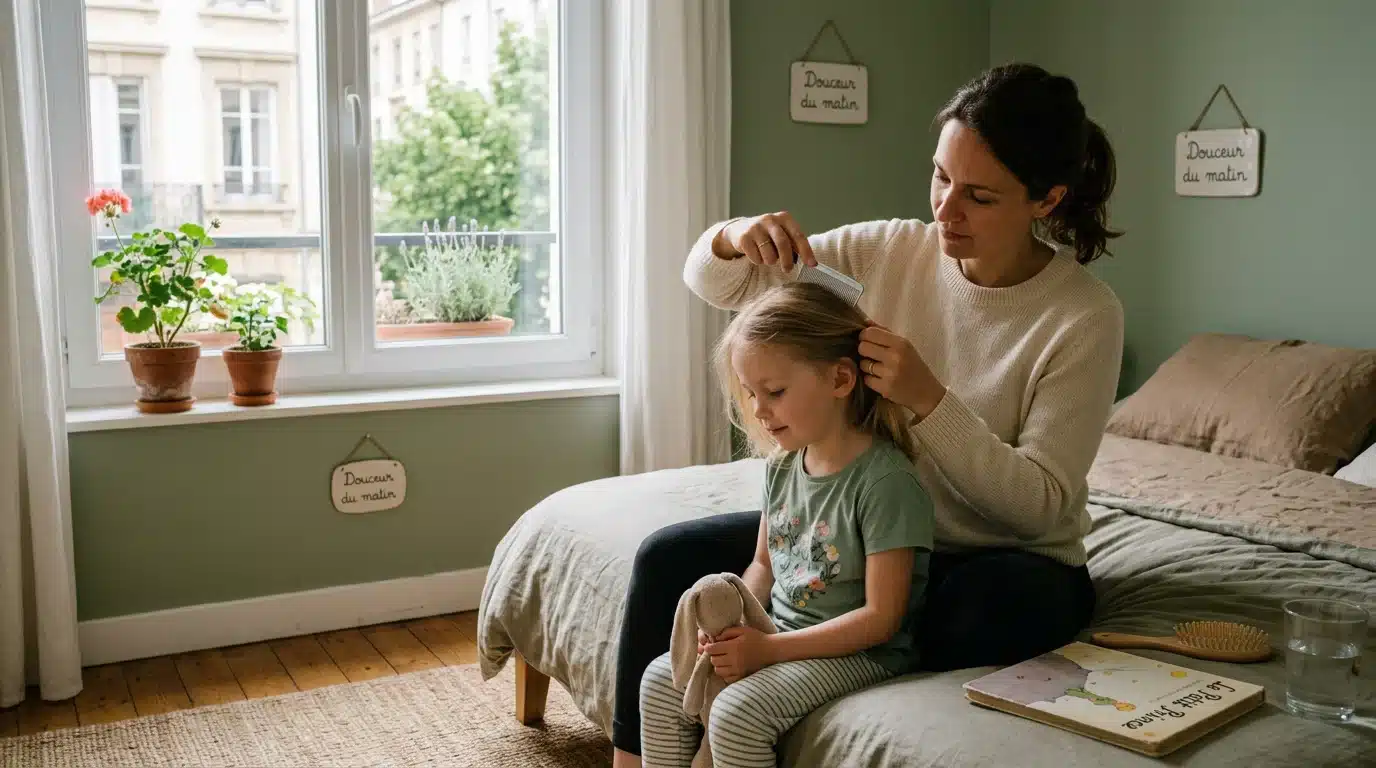 Un parent peigne les cheveux d'un enfant avec un peigne fin dans le cadre d'une routine de prévention