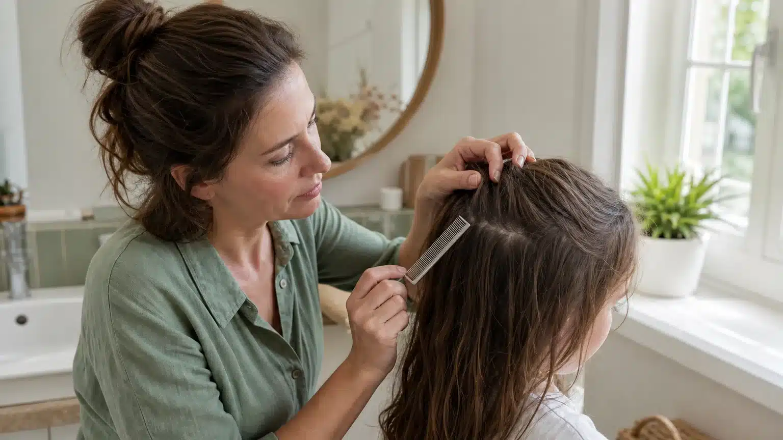 Examen des cheveux avec un peigne fin pour vérifier les lentes