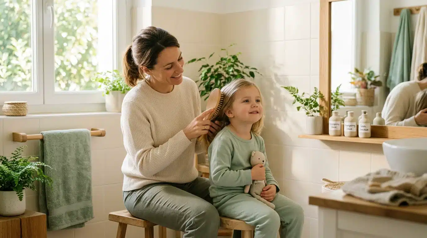 Mère rassurant sa fille lors d'un soin capillaire dans une salle de bain lumineuse