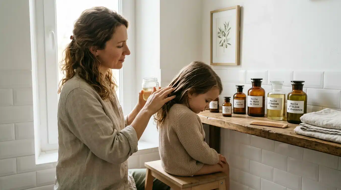 Parent appliquant une huile végétale sur les cheveux d'un enfant pour traiter les poux naturellement