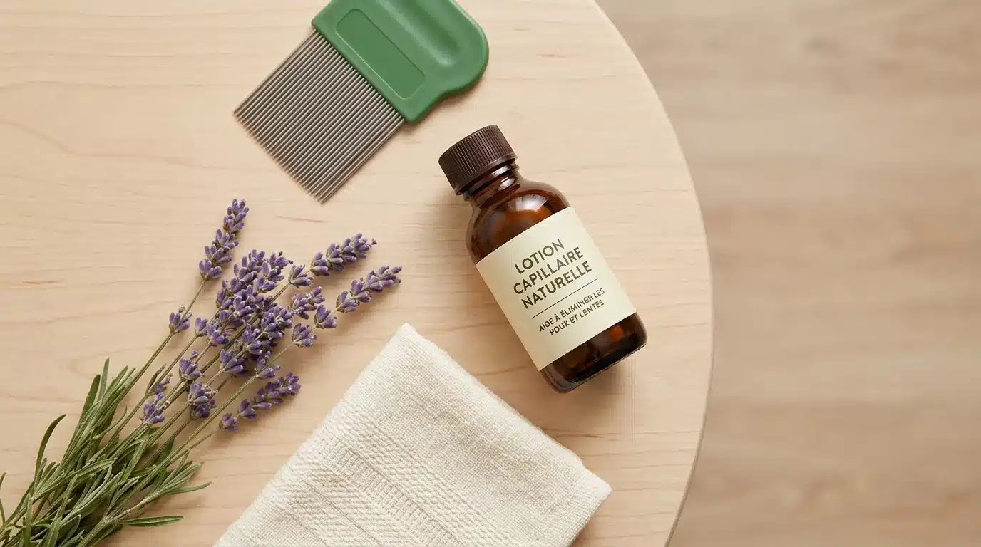 Peigne anti-poux, lotion naturelle et lavande disposés à plat sur un plan en bois