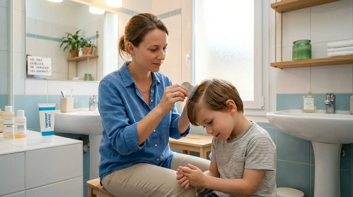 Parent inspectant le cuir chevelu d'un enfant avec un peigne à poux fin