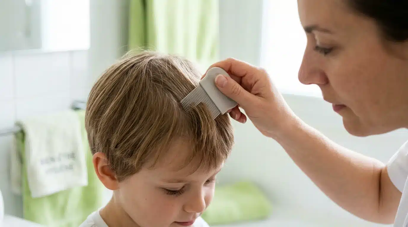 Passage d'un peigne anti-poux fin dans les cheveux d'un enfant