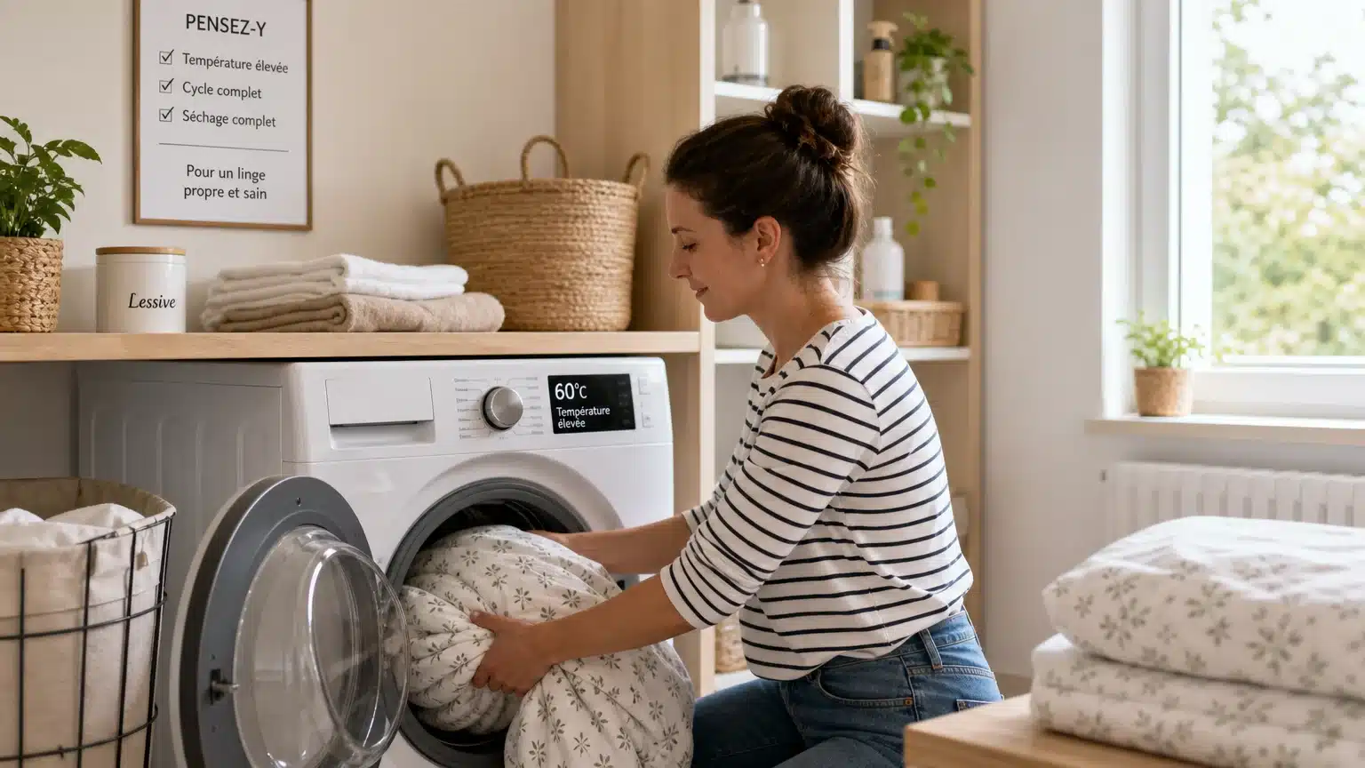 Parent européen lavant le linge de lit à haute température contre les poux