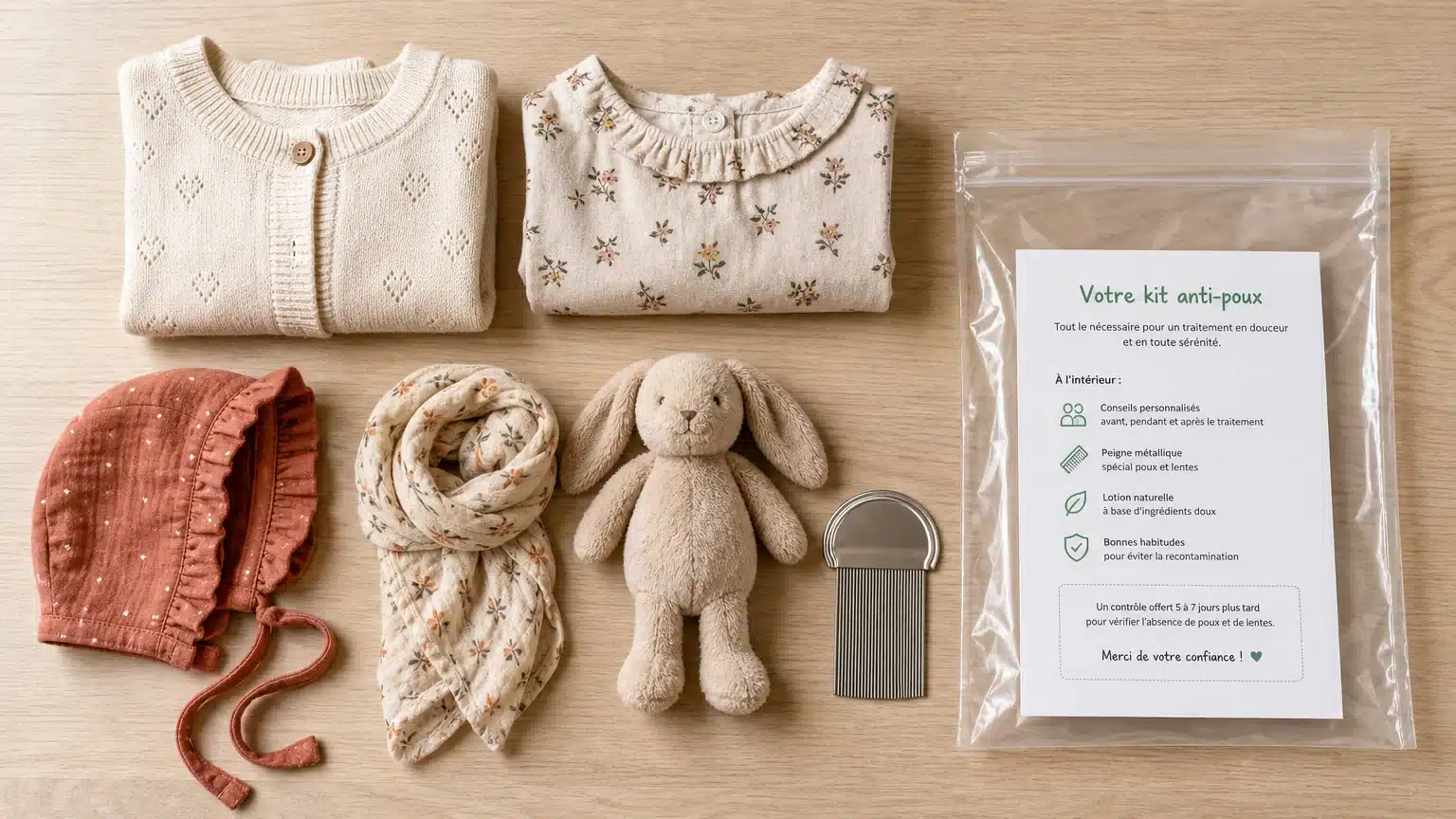 Textiles, doudou et peigne fin préparés pour décontaminer l'environnement contre les poux