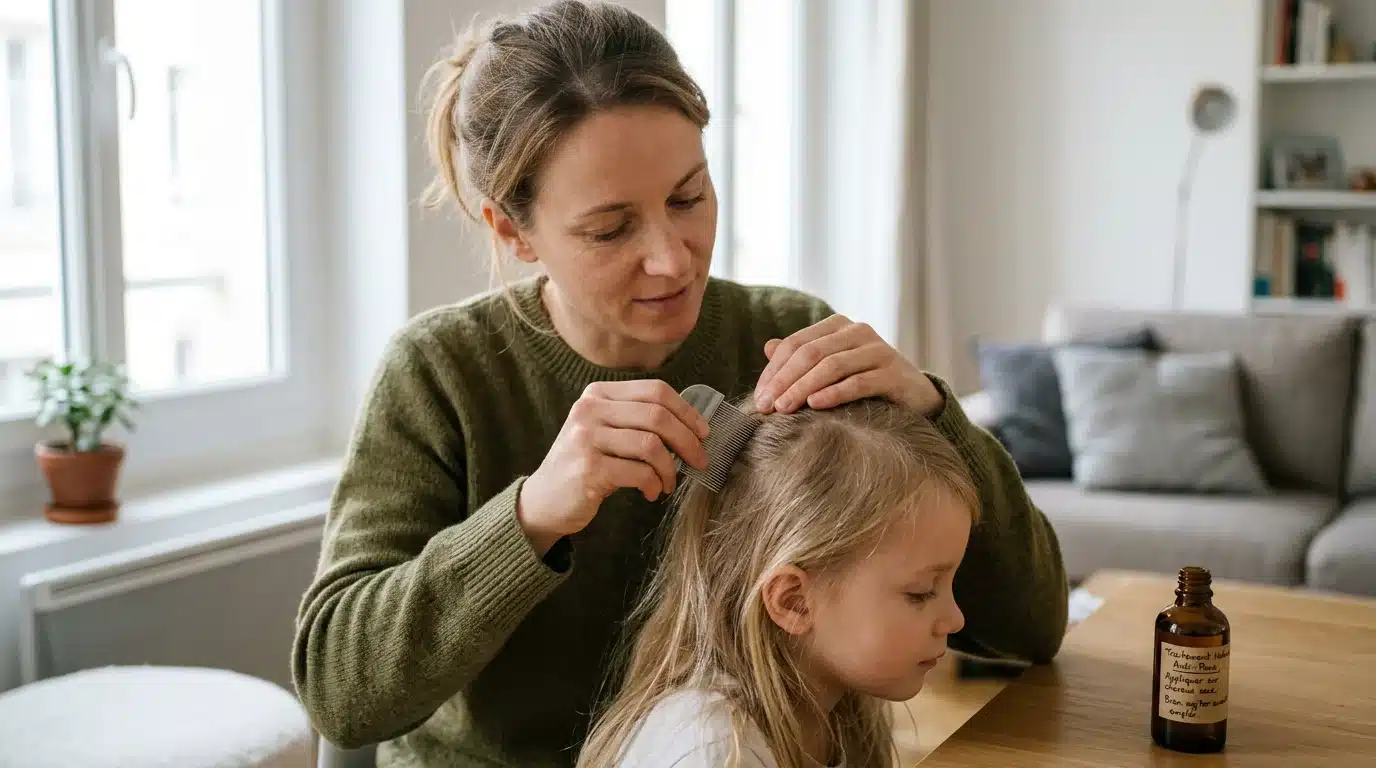 Parent européen inspectant le cuir chevelu de son enfant avec un peigne anti-poux