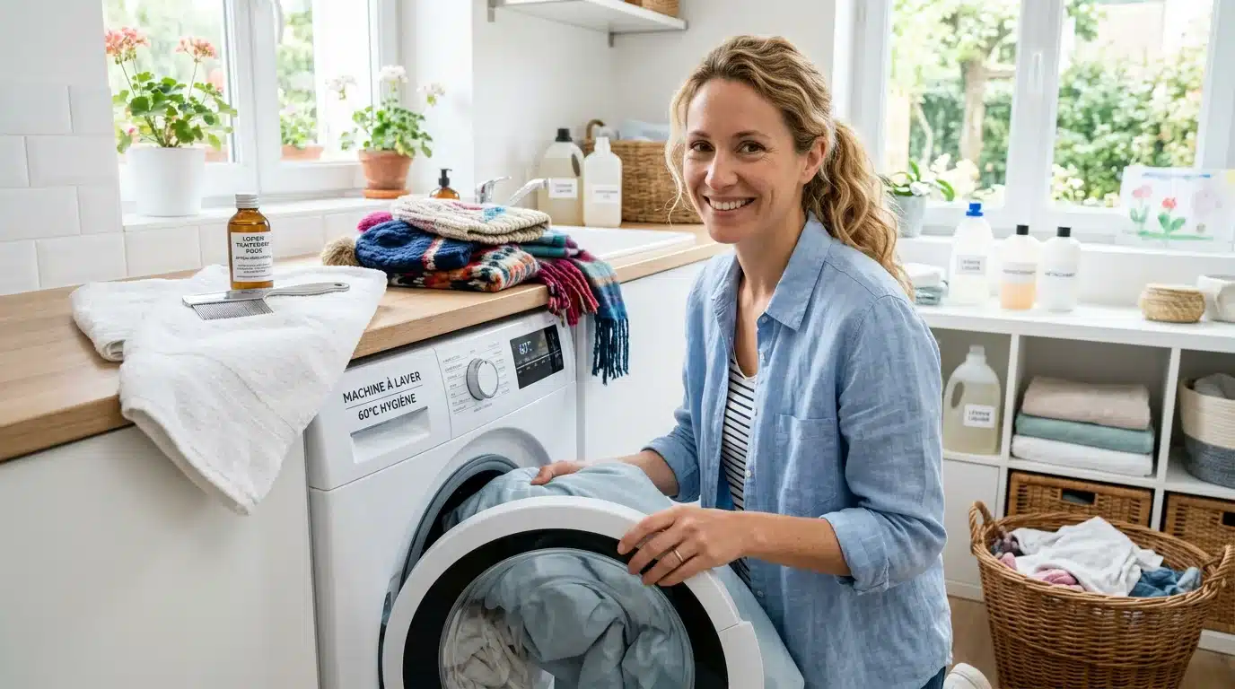 Linge de lit et bonnets préparés pour un lavage à haute température contre les poux