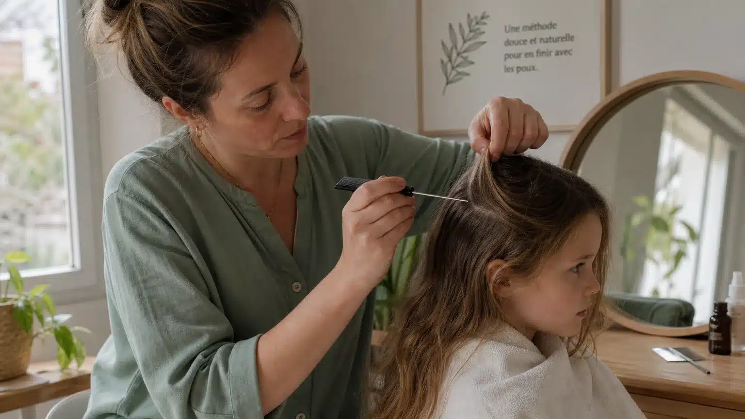 Professionnelle réalisant un peignage anti-poux minutieux sur un enfant