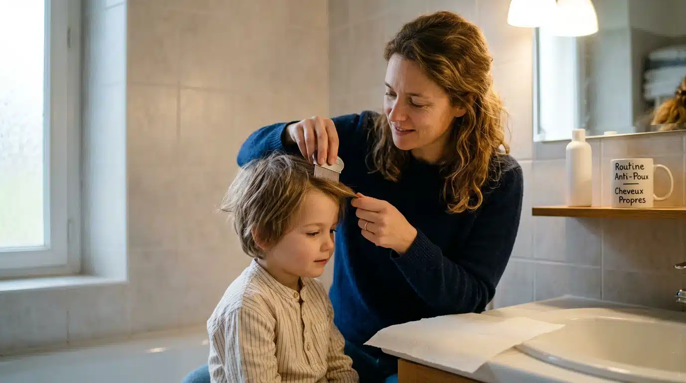 Parent européen inspectant les cheveux d'un enfant avec un peigne anti-poux