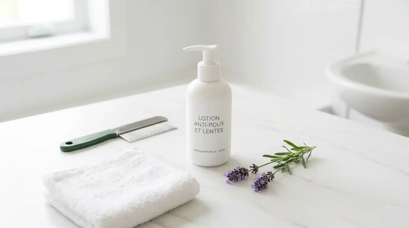 Peigne anti-poux, lotion et serviette disposés sur un plan de travail