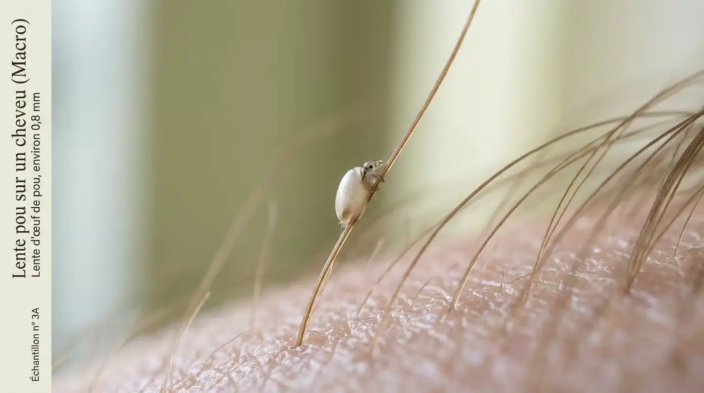 Gros plan macro d'une lente ovale fixée à la racine d'un cheveu