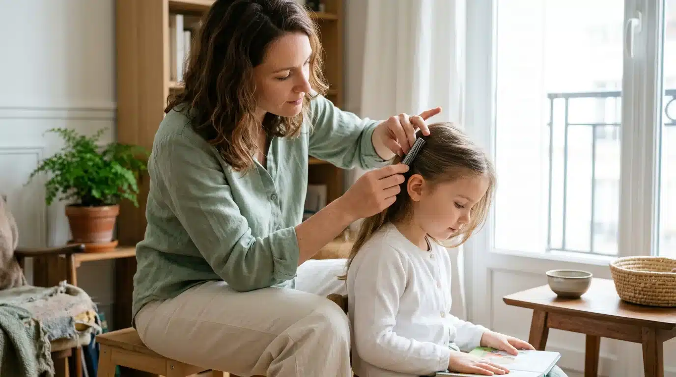 Parent européen inspectant le cuir chevelu d'un enfant derrière l'oreille