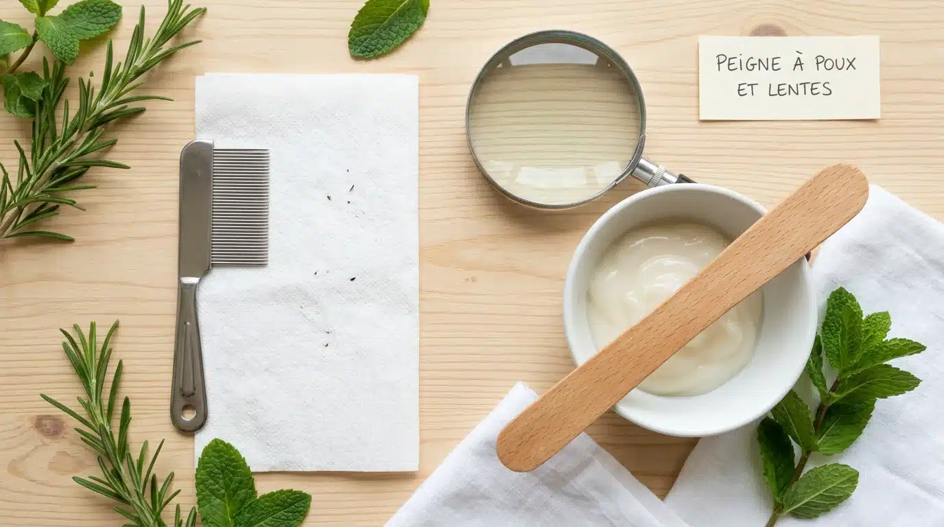 Peigne anti-poux fin en acier et accessoires de peignage disposés à plat