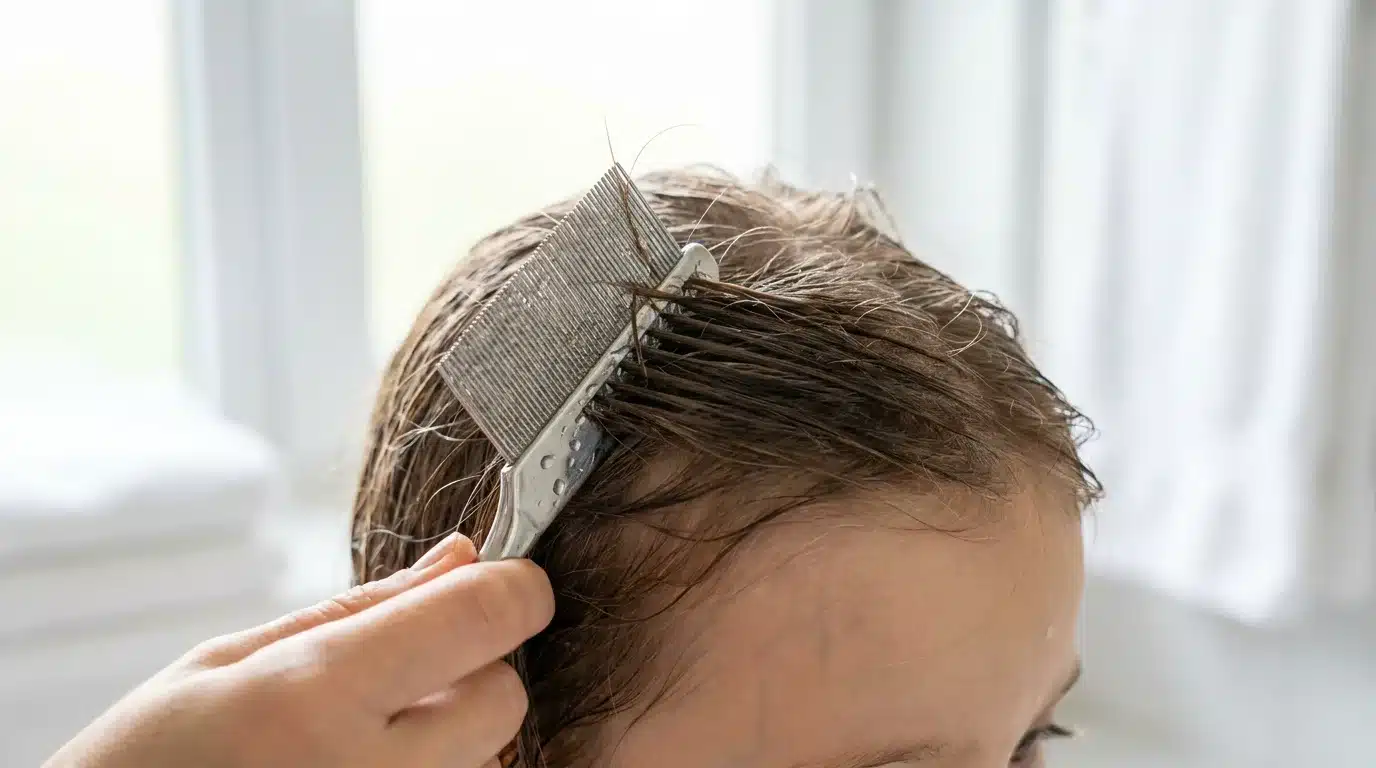 Peigne métallique à dents serrées utilisé pour décoller les lentes sur des cheveux humides