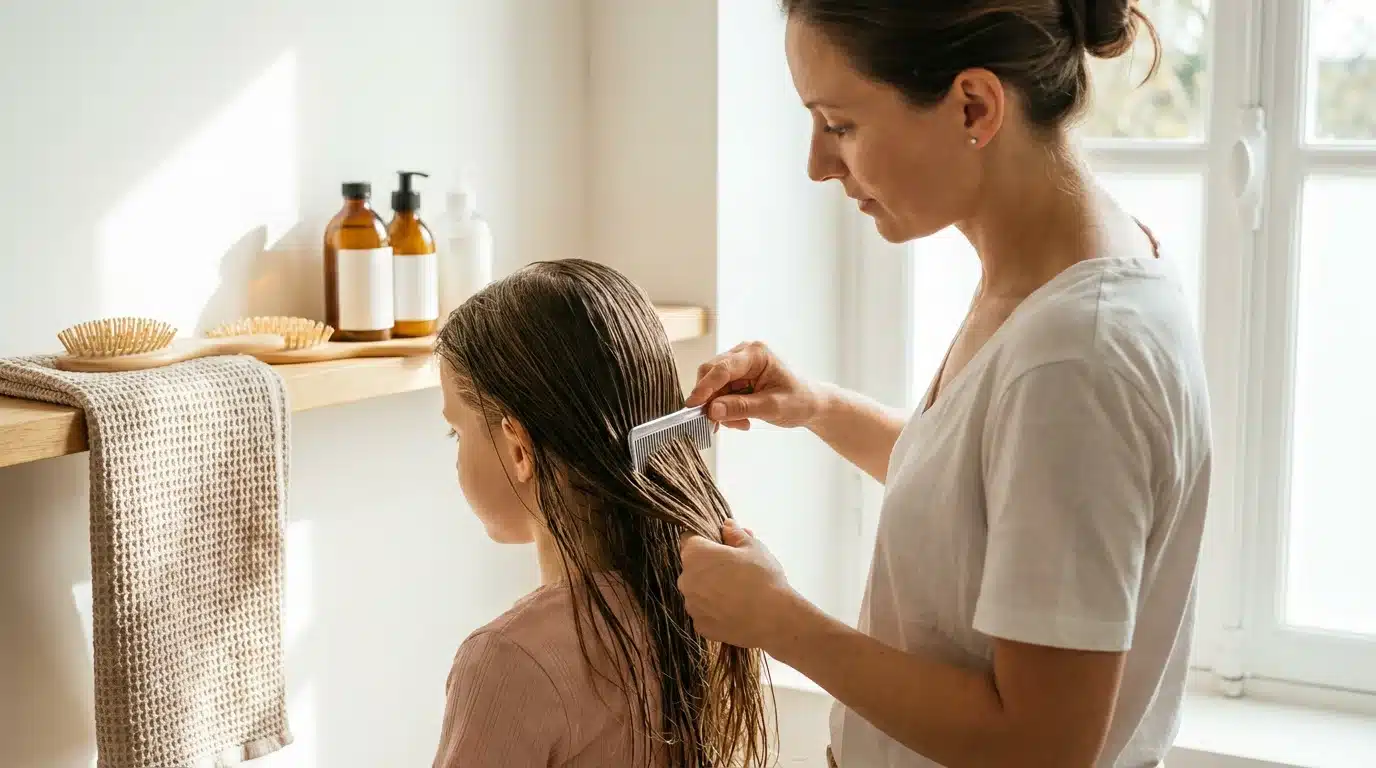 Mère peignant les cheveux de sa fille pour enlever les lentes dans une salle de bain