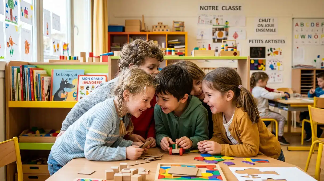 Enfants jouant tête contre tête à l'école, situation propice à la transmission des poux