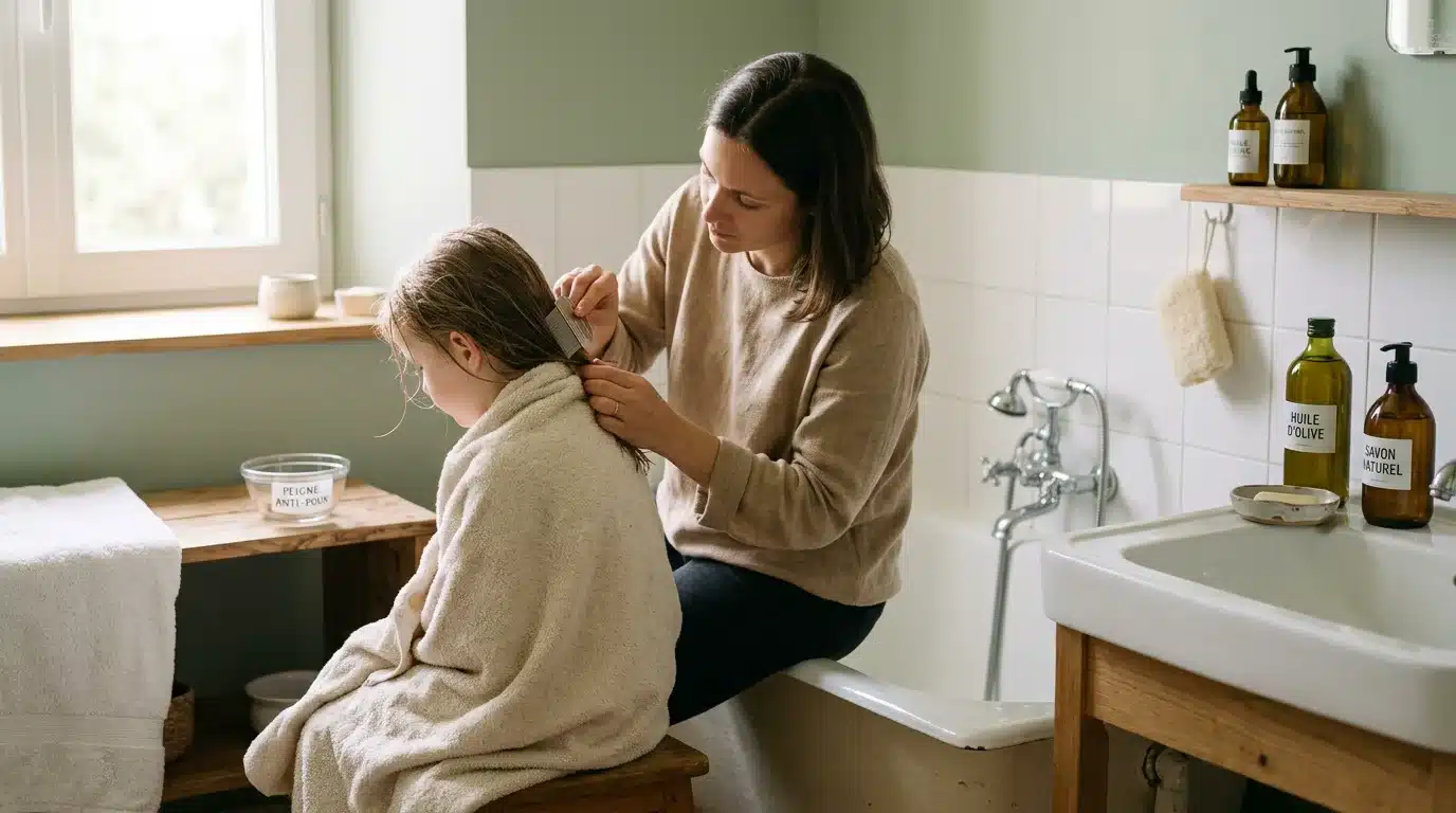 Un parent européen passe un peigne fin dans les cheveux mouillés d'un enfant