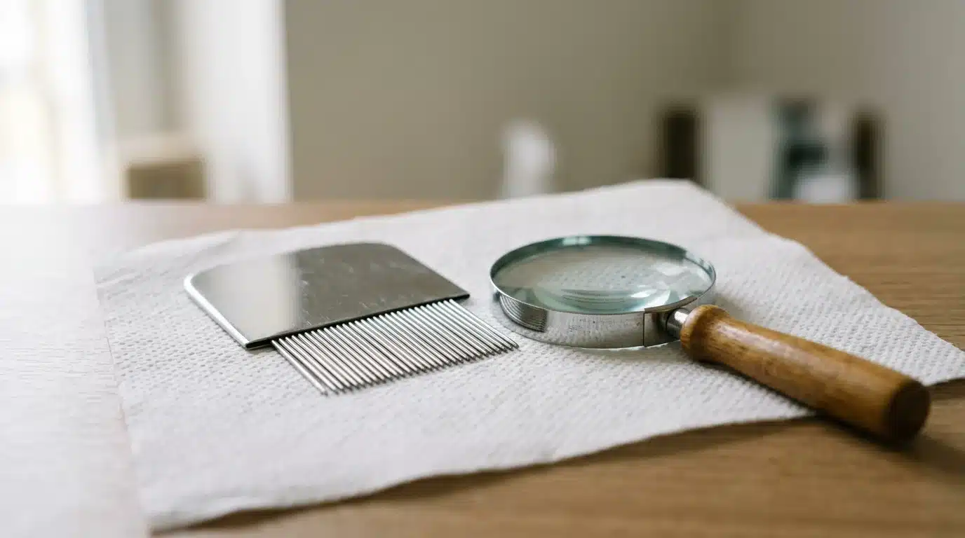 Peigne à poux en acier inoxydable posé sur un papier blanc avec une loupe