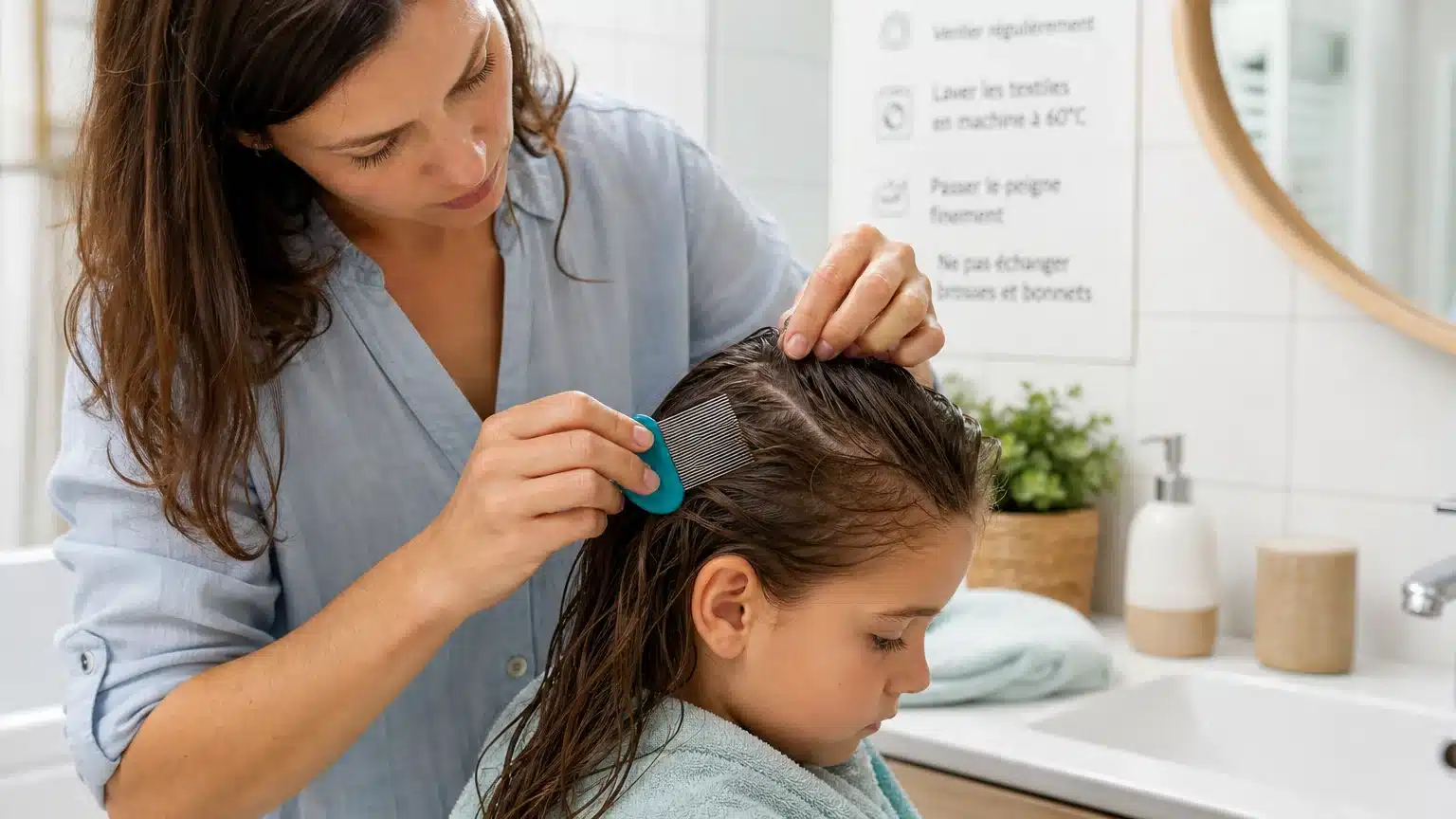 Parent retirant des lentes avec un peigne fin sur cheveux mouillés