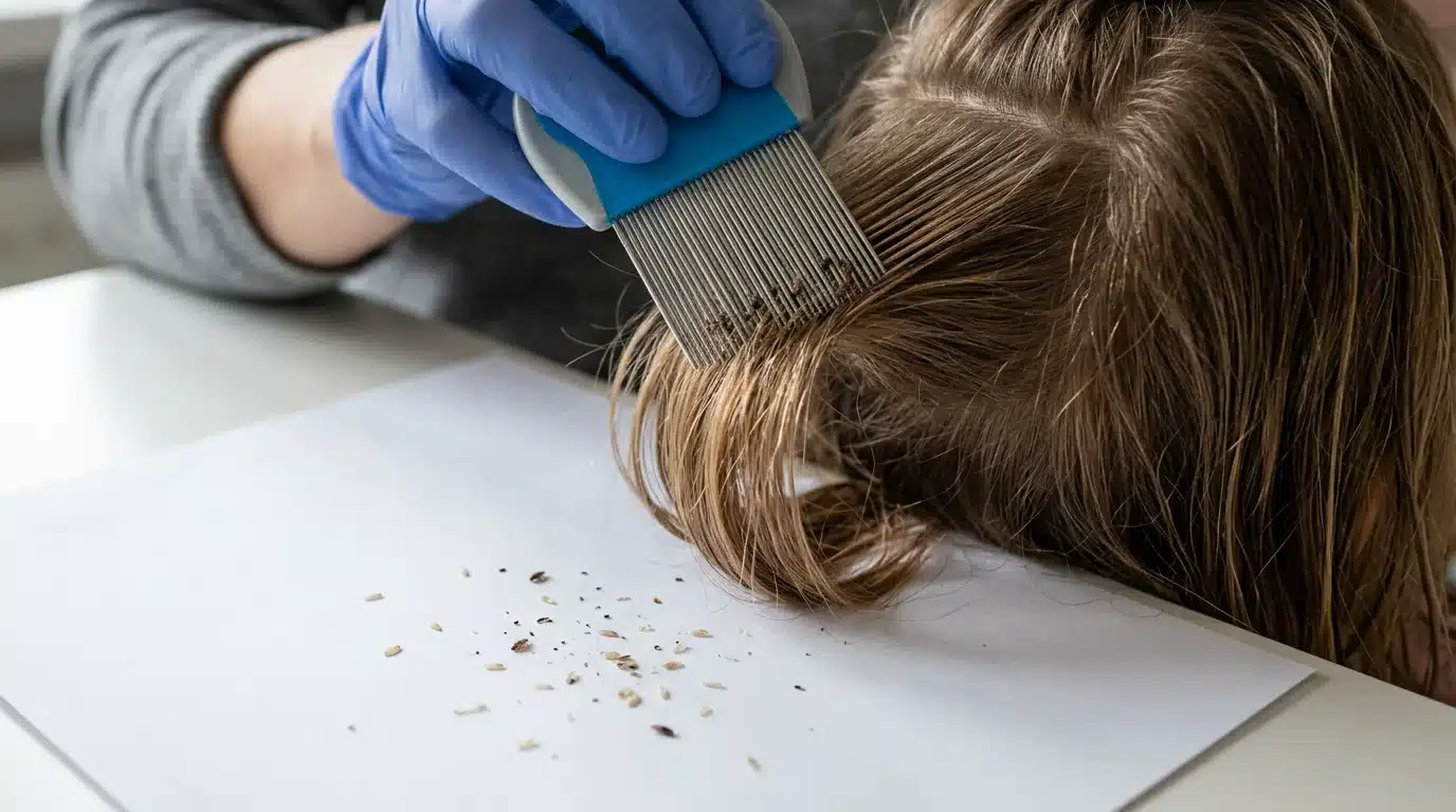 Peigne fin retirant des poux morts des cheveux d'un enfant