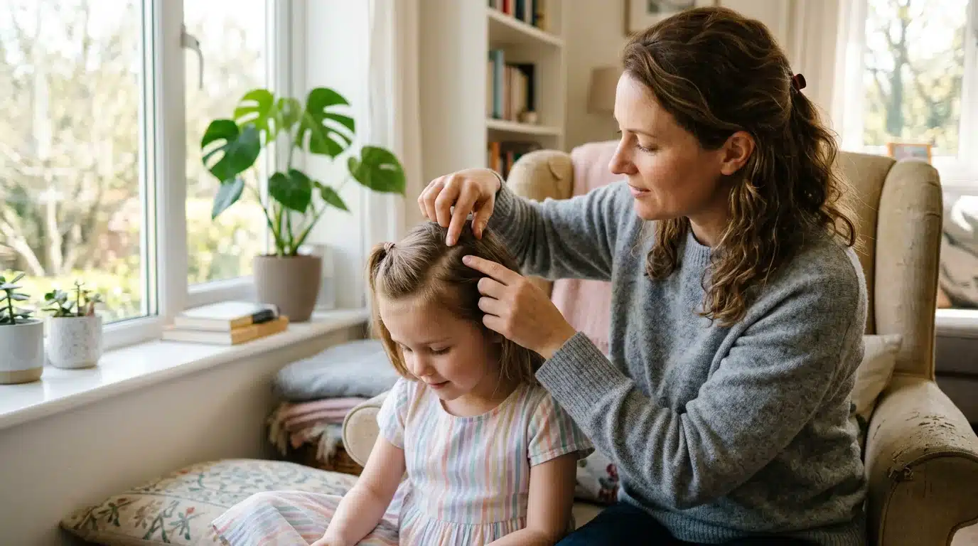 Parent européen examinant le cuir chevelu d'un enfant pour détecter des poux