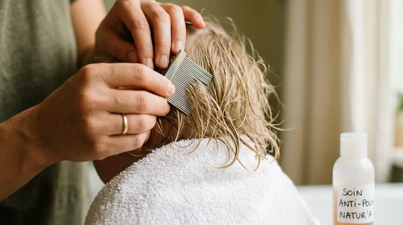 Passage d'un peigne anti-poux en métal dans les cheveux humides d'un enfant