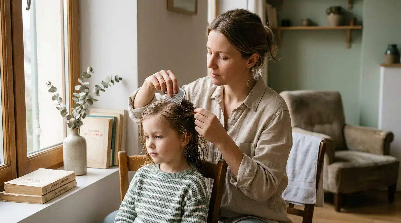 Parent européen peignant les cheveux mouillés d'un enfant avec un peigne anti-poux fin