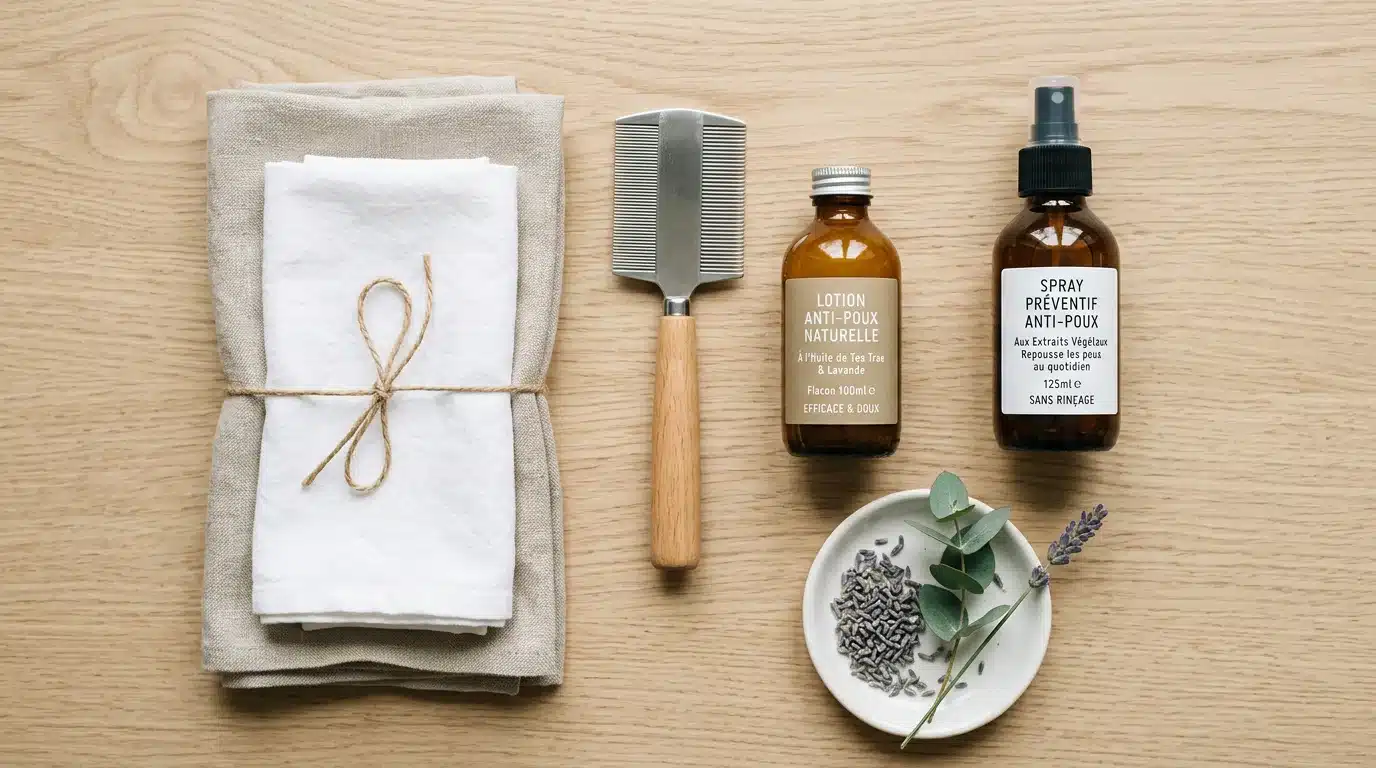 Peigne anti-poux, lotion naturelle et linge disposés pour la prévention des poux
