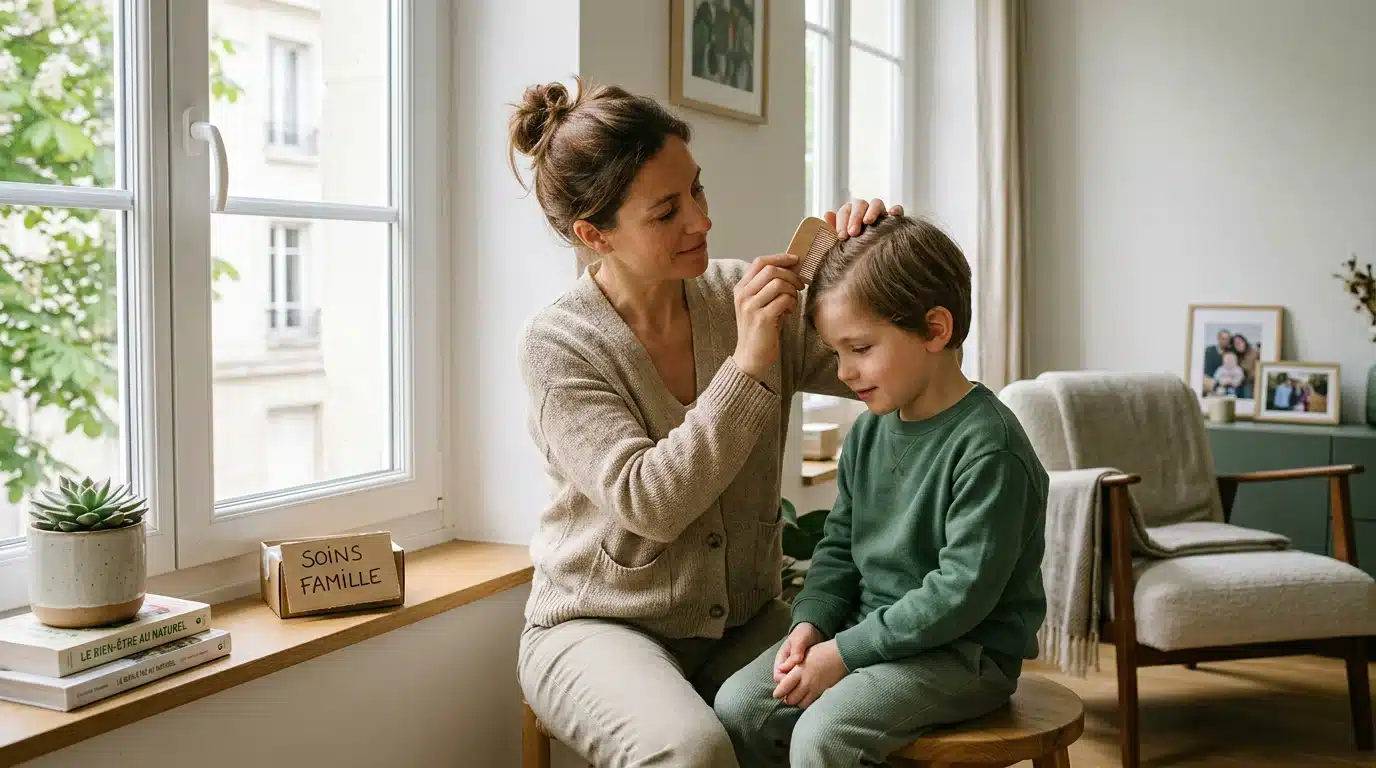 Une mère européenne inspecte le cuir chevelu de son enfant avec un peigne fin