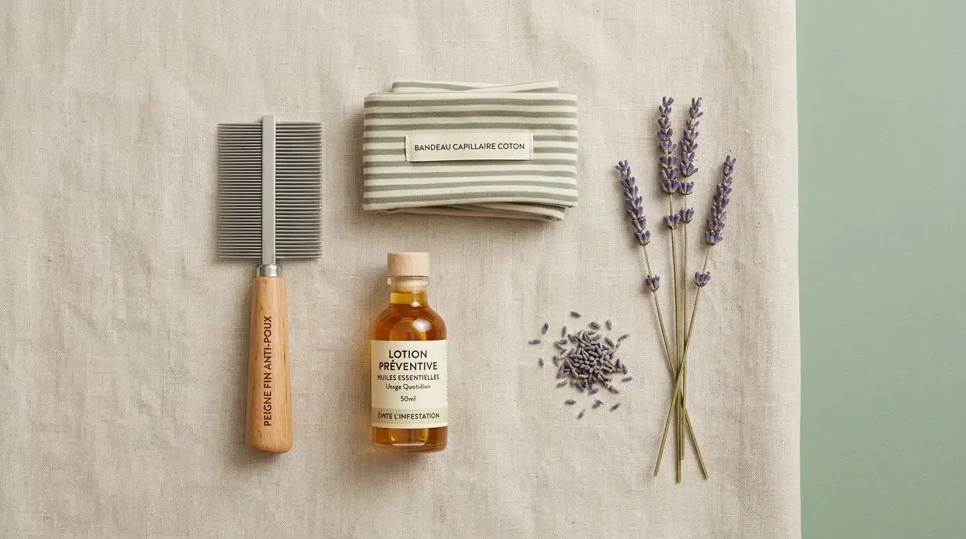 Peigne fin, lotion préventive et lavande disposés pour la prévention des poux