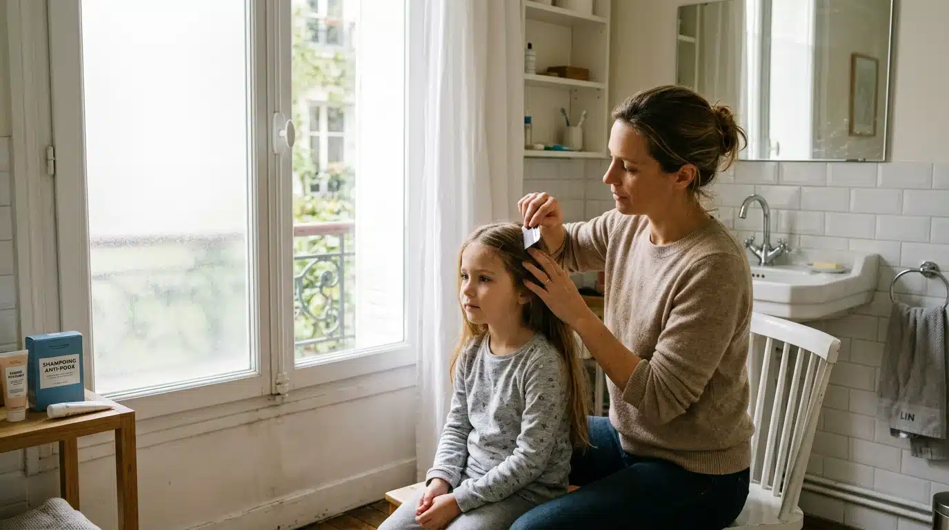 Un parent européen examine les cheveux d'un enfant avec un peigne anti-poux