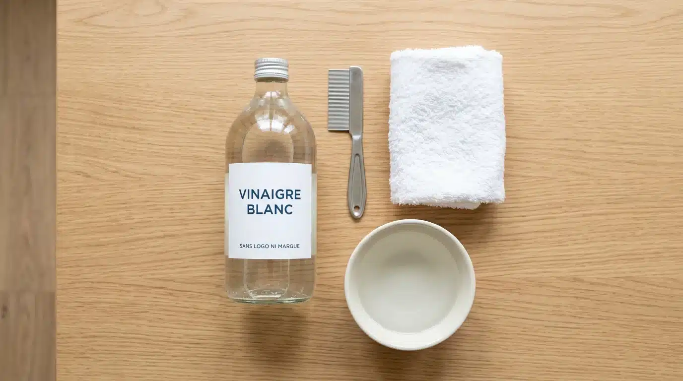 Vinaigre blanc, peigne anti-poux et serviette disposés pour un traitement