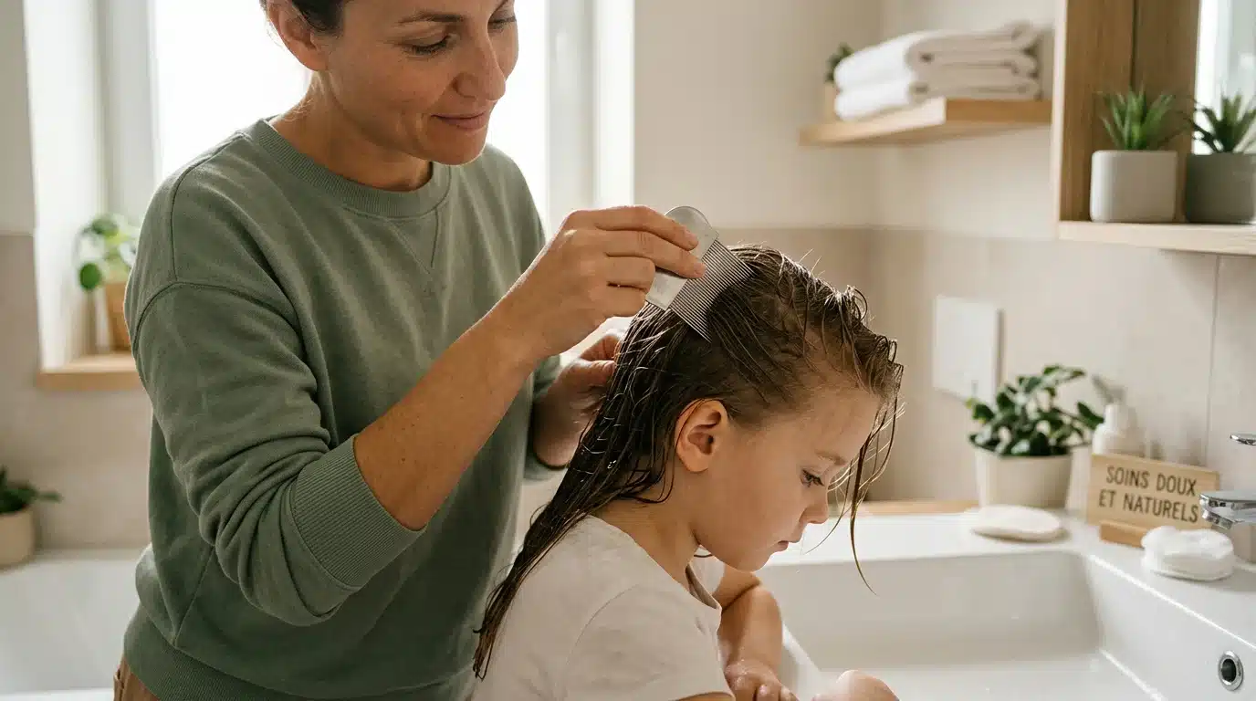 Peignage humide des cheveux d'un enfant avec un peigne fin anti-poux