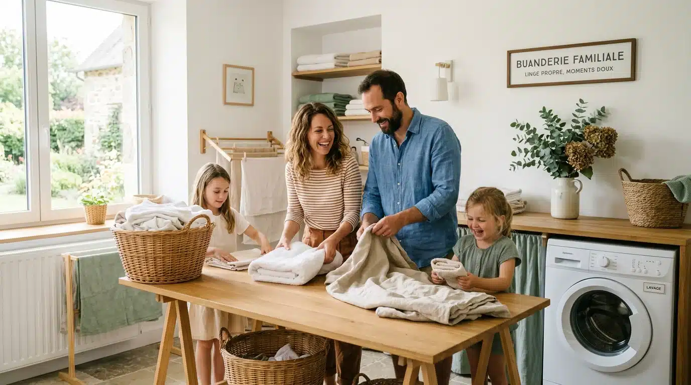 Famille décontaminant le linge de maison pour éviter la réinfestation par les poux