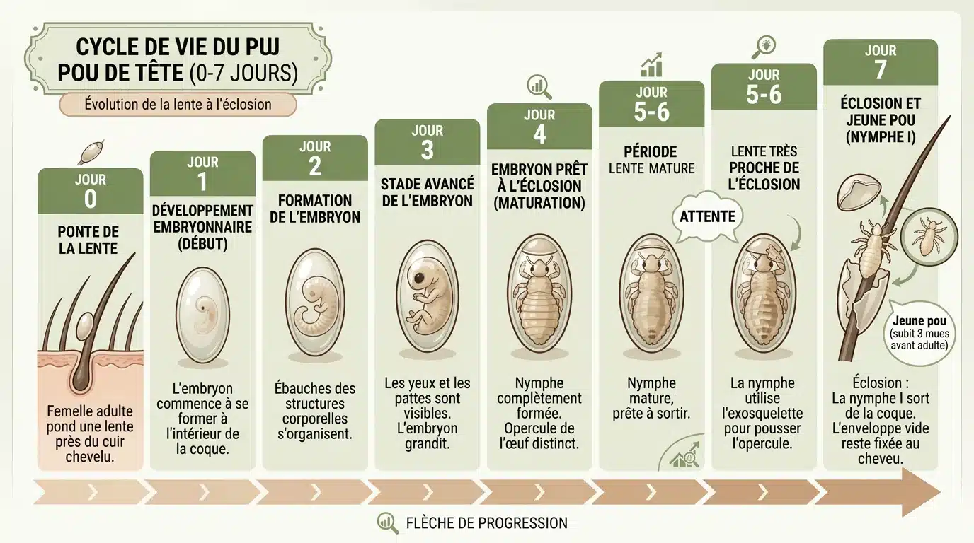 Schéma du cycle du pou de J0 à J7 expliquant le contrôle de suivi