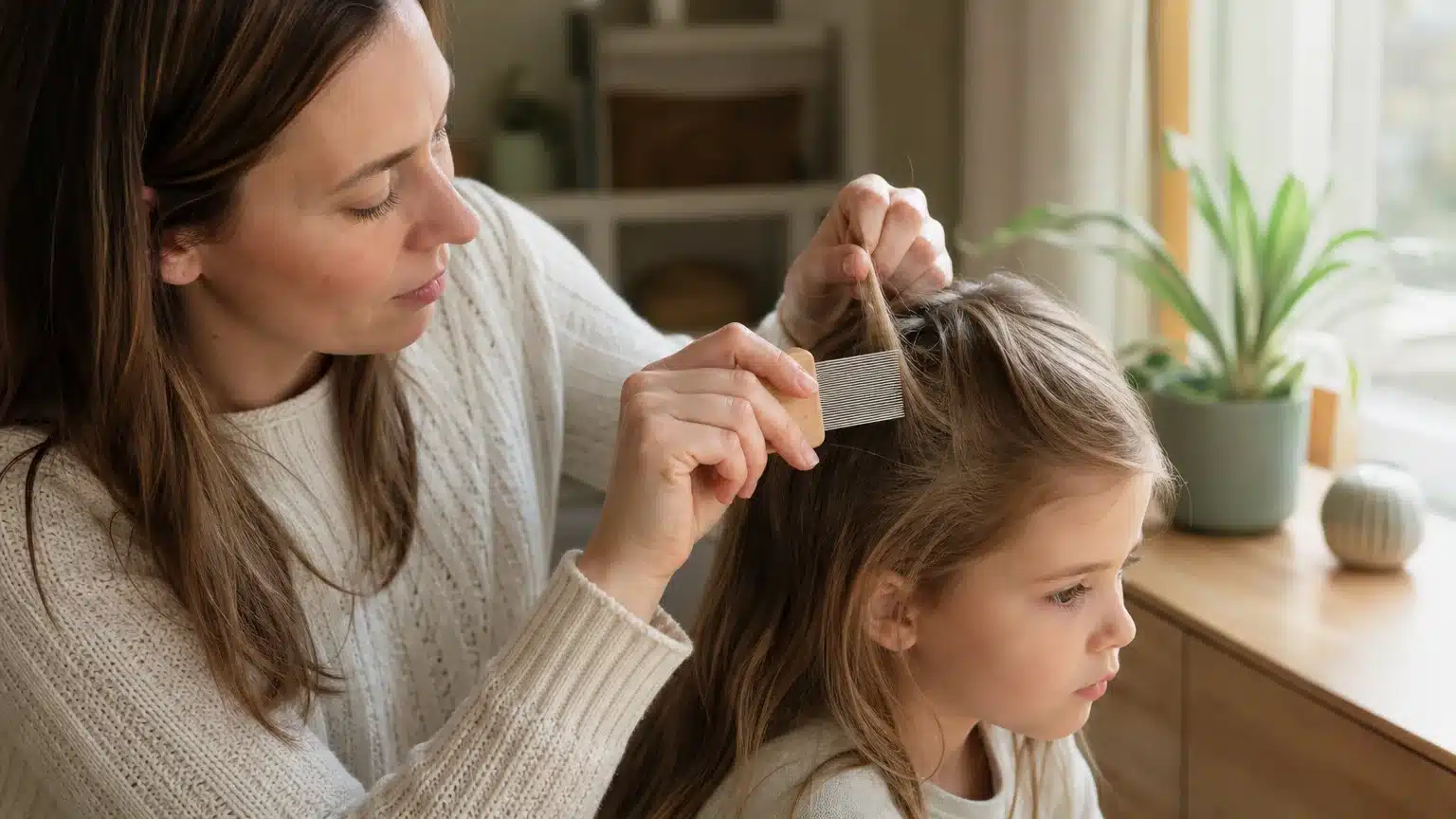Parent utilisant un peigne fin pour retirer des lentes des cheveux d’un enfant