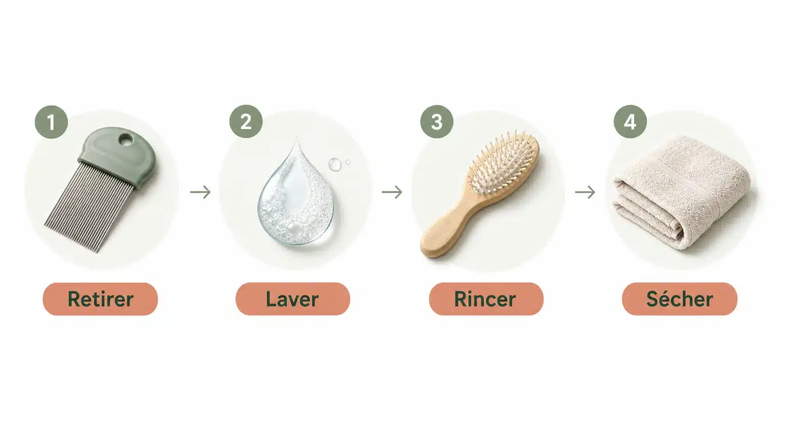 Checklist illustrée pour retirer, laver, rincer et sécher un peigne anti-poux