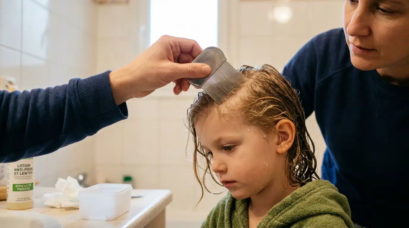 Peigne fin métallique retirant des lentes sur cheveux mouillés d'un enfant