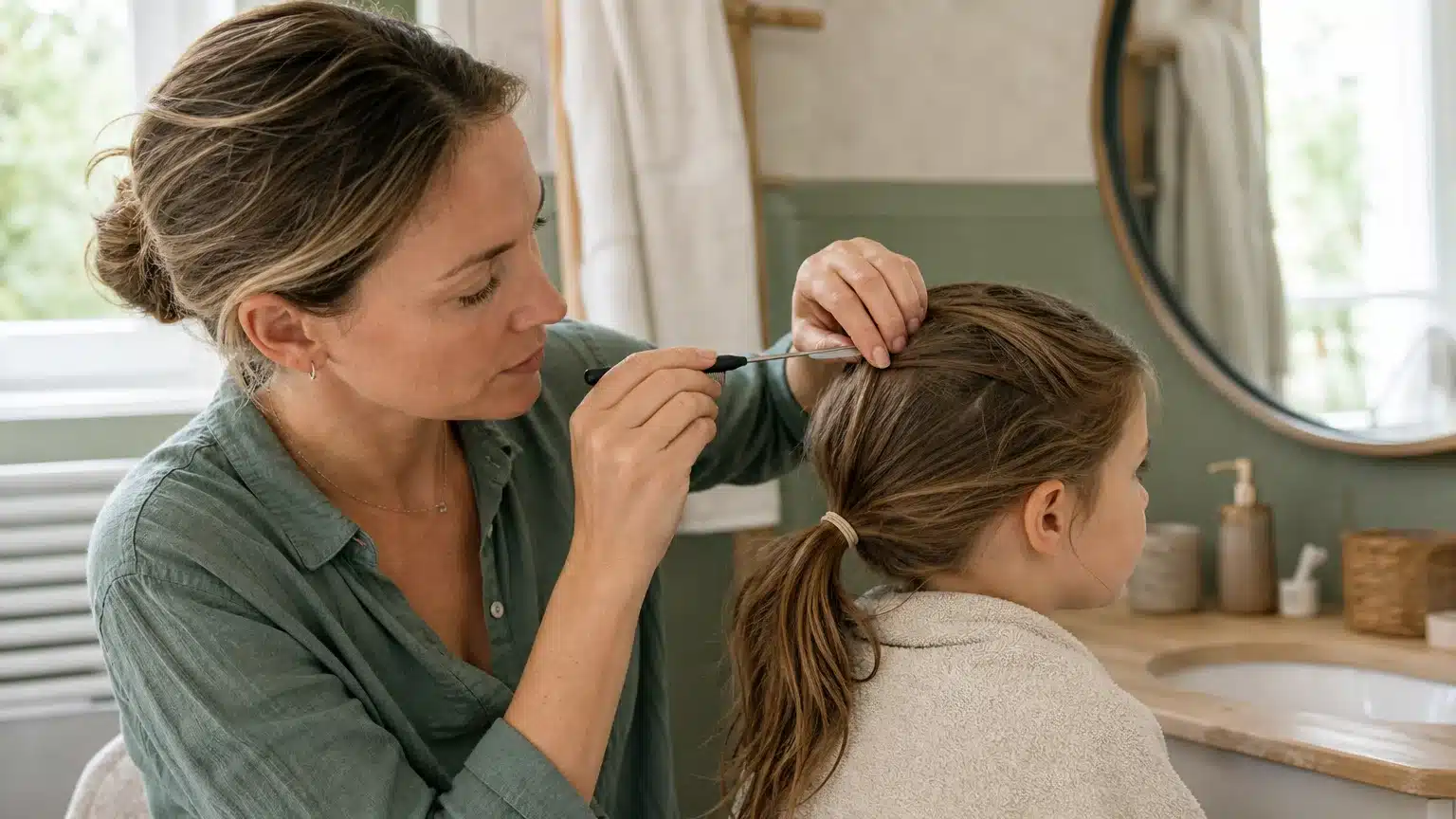 Vérification des cheveux d’un enfant avec un élastique et un peigne fin