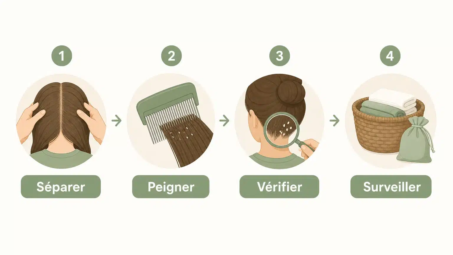 Checklist illustrée pour retirer les lentes et surveiller la chevelure