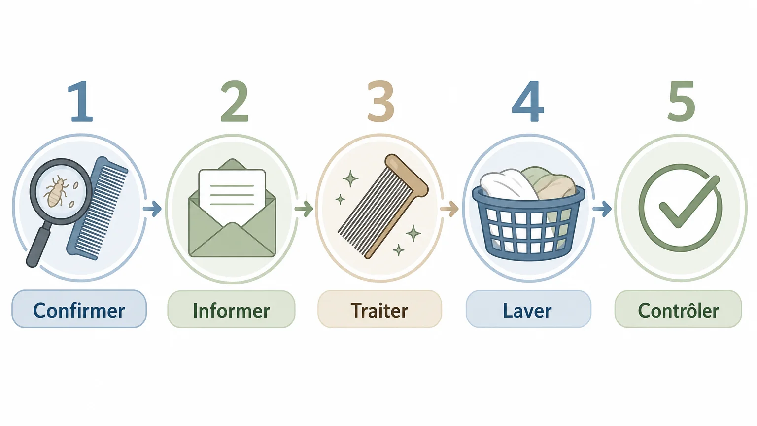 Infographie des étapes de prévention de la recontamination par les poux