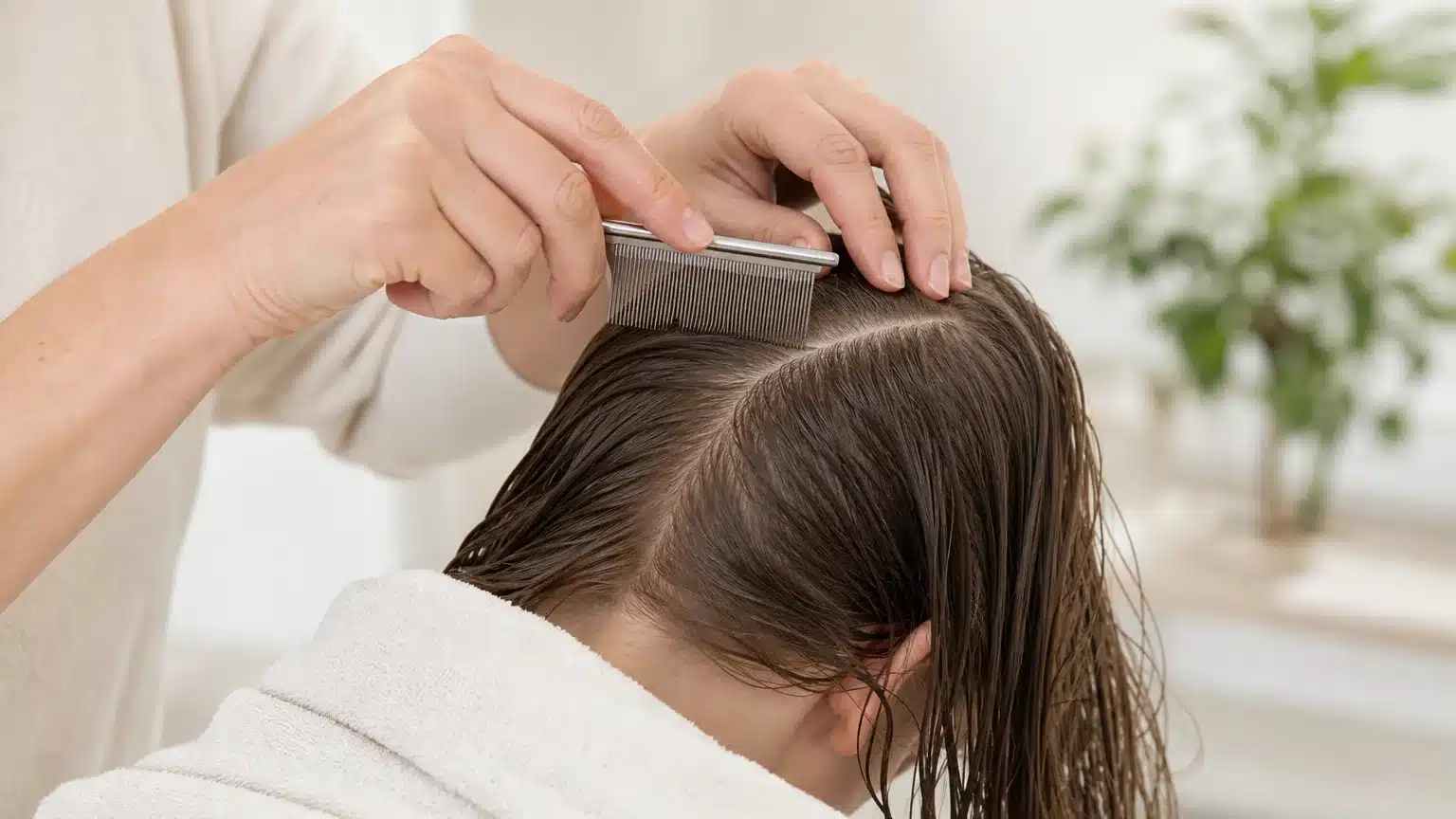 Peignage minutieux des cheveux humides avec un peigne anti-poux