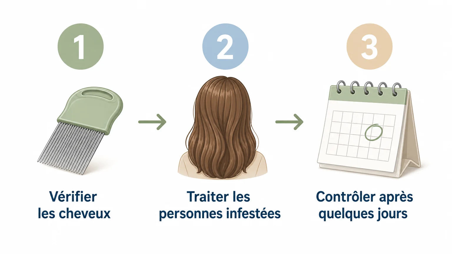 Infographie des trois étapes pour traiter une infestation de poux