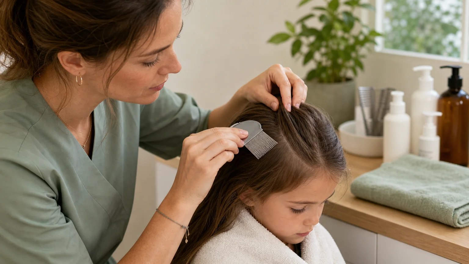 Examen minutieux des cheveux avec un peigne anti-poux