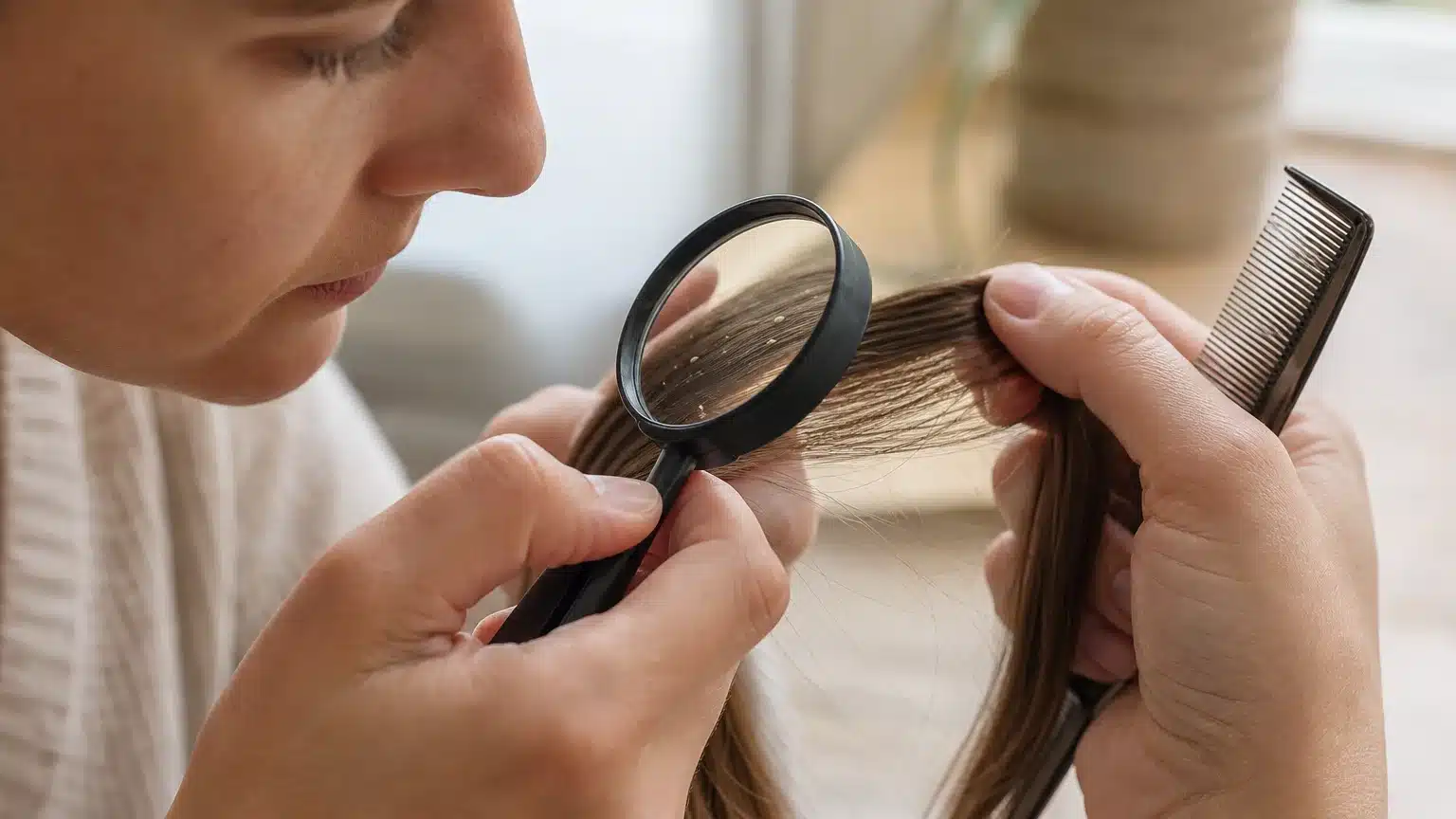 Inspection rapprochée de lentes près de la racine des cheveux